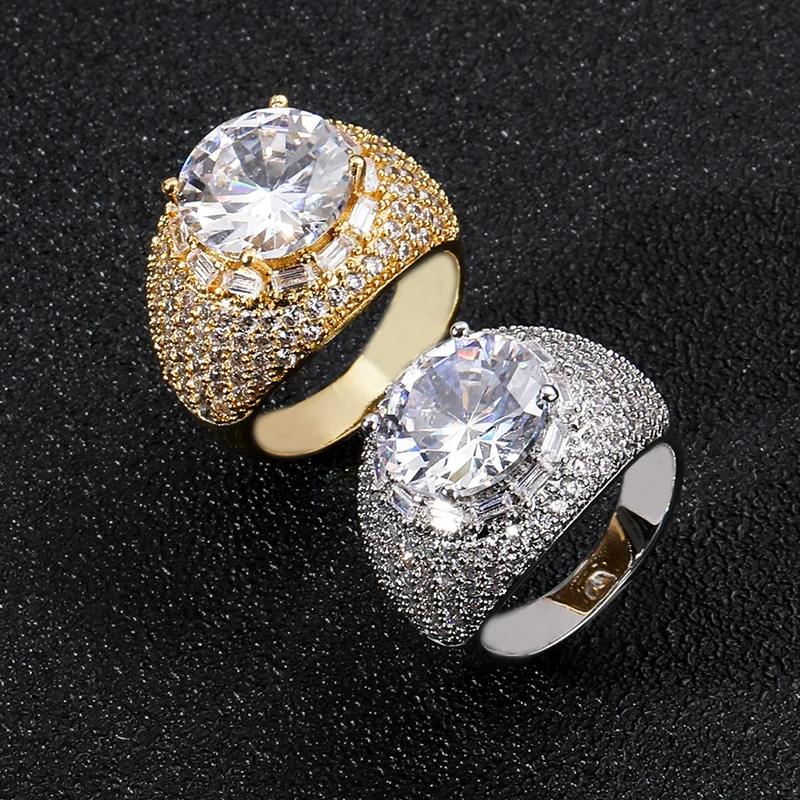 

Hip Hop 5A+ CZ Stone Paved Bling Ice Out Round Finger Rings for Men Women Unisex Rapper Jewelry Gold Silver Color