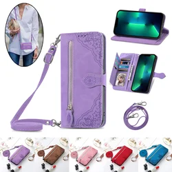 Leather Lanyard Zipper Wallet Cards Solt Case For Samsung Galaxy A55 A15 A14 A24 A34 A54 S23 S24 Ultra S22 S21 Crossbody Cover