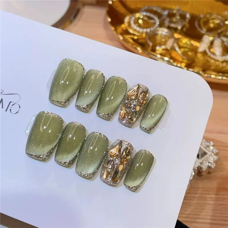 Handmade Press‑on Nails Cat‑Eye Maillard Green Gray Purple Nude Series Medium Trapezoid  Medium Long Oval Reusable False Nails