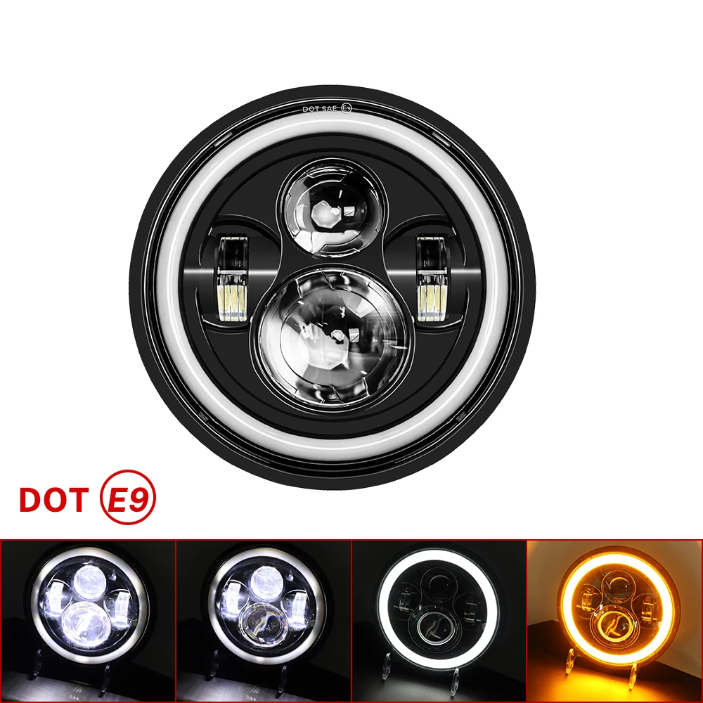 Universal Round Motorcycle OffRoad Headlight 7Inch Yellow/WhiteDRL Headlamp For Harley Indian Honda Jeep Auxiliary Light