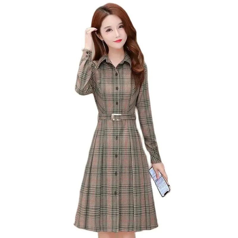 Women Dress CHECK SHIRT DRESS 2023 Sprin New Femal Long Sleeve A-line Dress Elegant Cardigan Dresses Mujer Vestidos Large Size