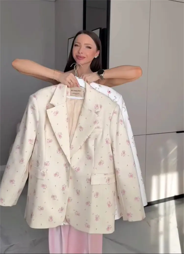 New Fashion Flowers Print Loose Suit Collar Coat For Women Elegant Belted Waist Cinching Suit Jacket Female Street Chic Top