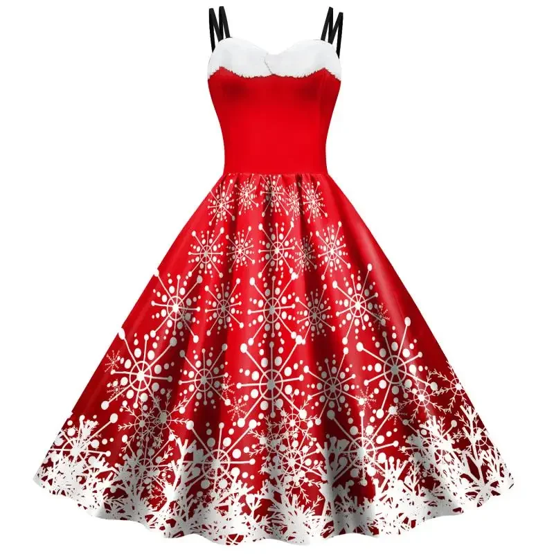 Woman Snowflake Christmas Dress Sweetheart Neck Sphagetti Strp Dress New Year Dress Up Fancy Costume Xmas Clothes