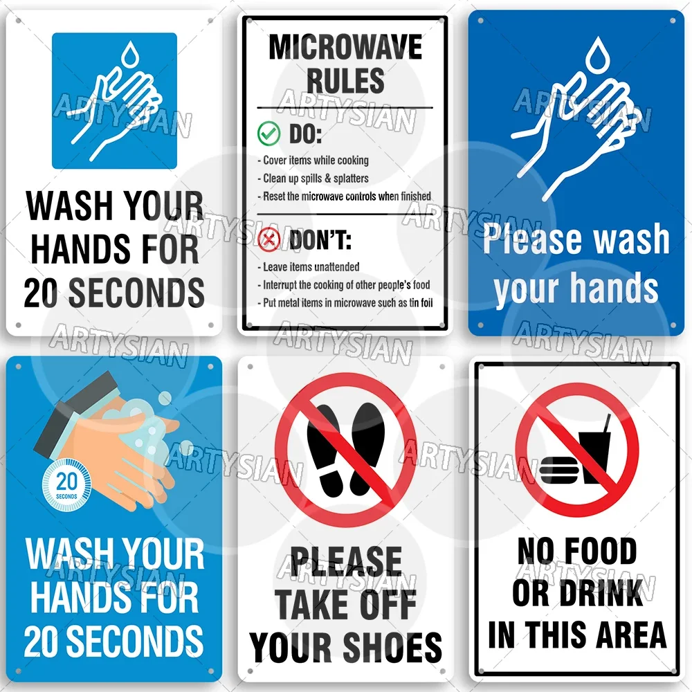 Hygiene Metal Sign Refrigerator Microwave Kitchen Rules Sign WASH YOUR HANDS Hygiene Safety Restaurant Office Clean Plaque
