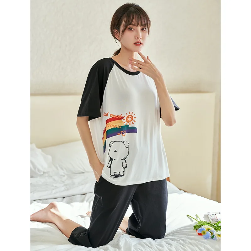 

Women 2 Piece Pajamas Sets Cartoon Pijama Modal Pyjama Female Sleepwear Short Sleeve O-Neck Top Pants Suit Homewear Nightwear