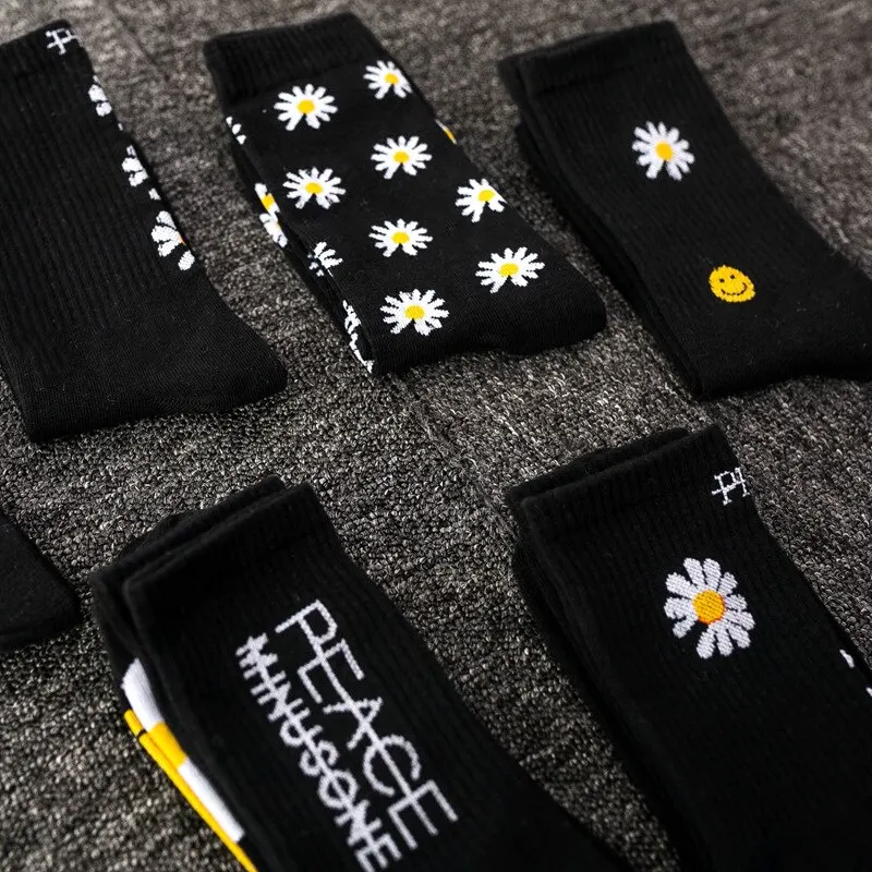 

5 pairs of women's socks rainbow and daisy springs simple casual fluffy girly breathable mid-barrel letter embroidery socks