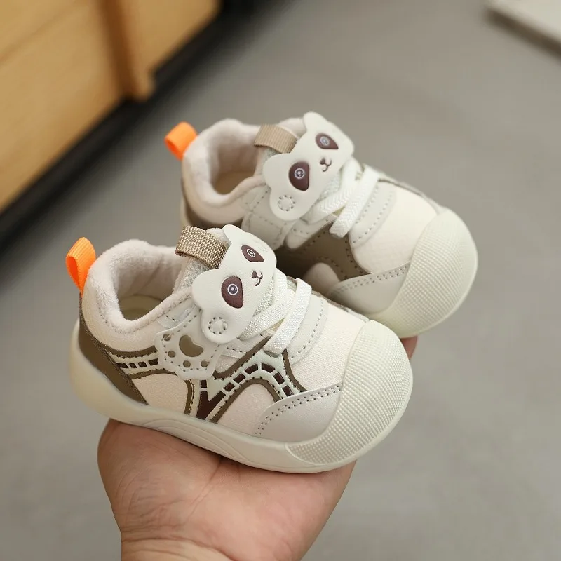 Baby Winter Warm Fleece Lined First Walking Shoes Non Slip Soft Sole Toddler Boys Cartoon Pattern Anti Skid Footwear