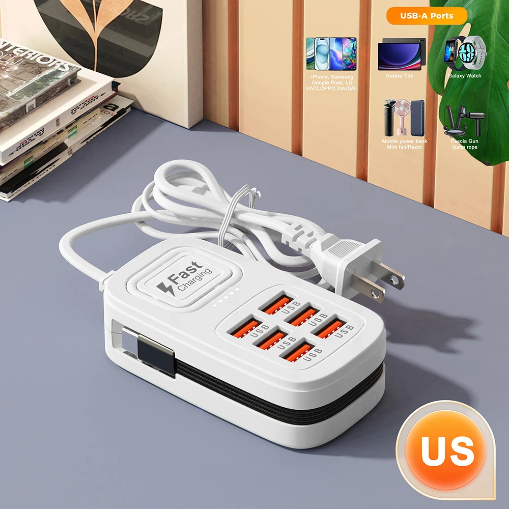 6-in-1 Desktop-Ladestation USB-Schnellladegerät Steckdosenleiste Typ C Multifunktionaler Ladeadapter EU US UK Stecker Ladebuchse