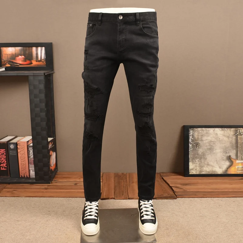 

Уличный дизайнер Модные мужские джинсы Высококачественные черные эластичные облегающие рваные джинсы Мужские винтажные повседневные джинсовые брюки Y2K Hombre