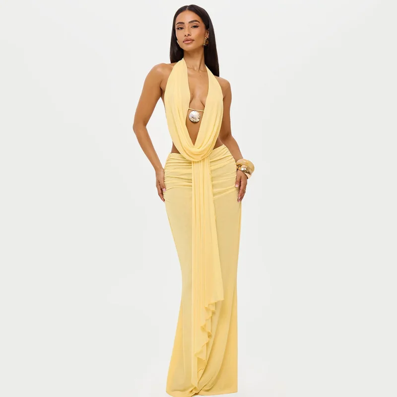 

Sexy Bodycon Halter Neck Backless Top And Skirt Set High Waist A-Line Midi Skirt Two-Piece Suit for Women Autumn New Arrival