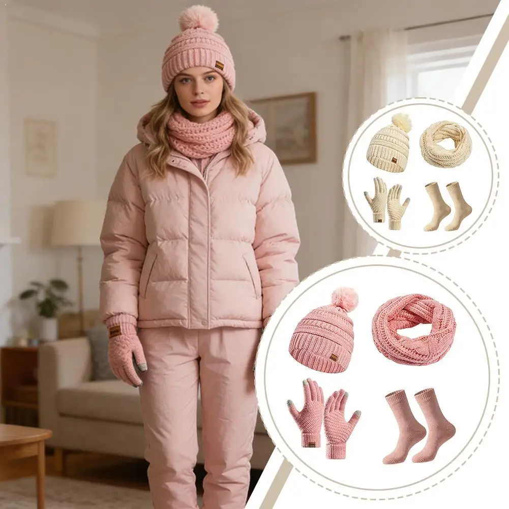 4pcs-set-of-winter-women's-knit-hat-scarf-gloves-and-socks-four-piece-set-cozy-winter-accessories-balaclava-hat-scarf-set
