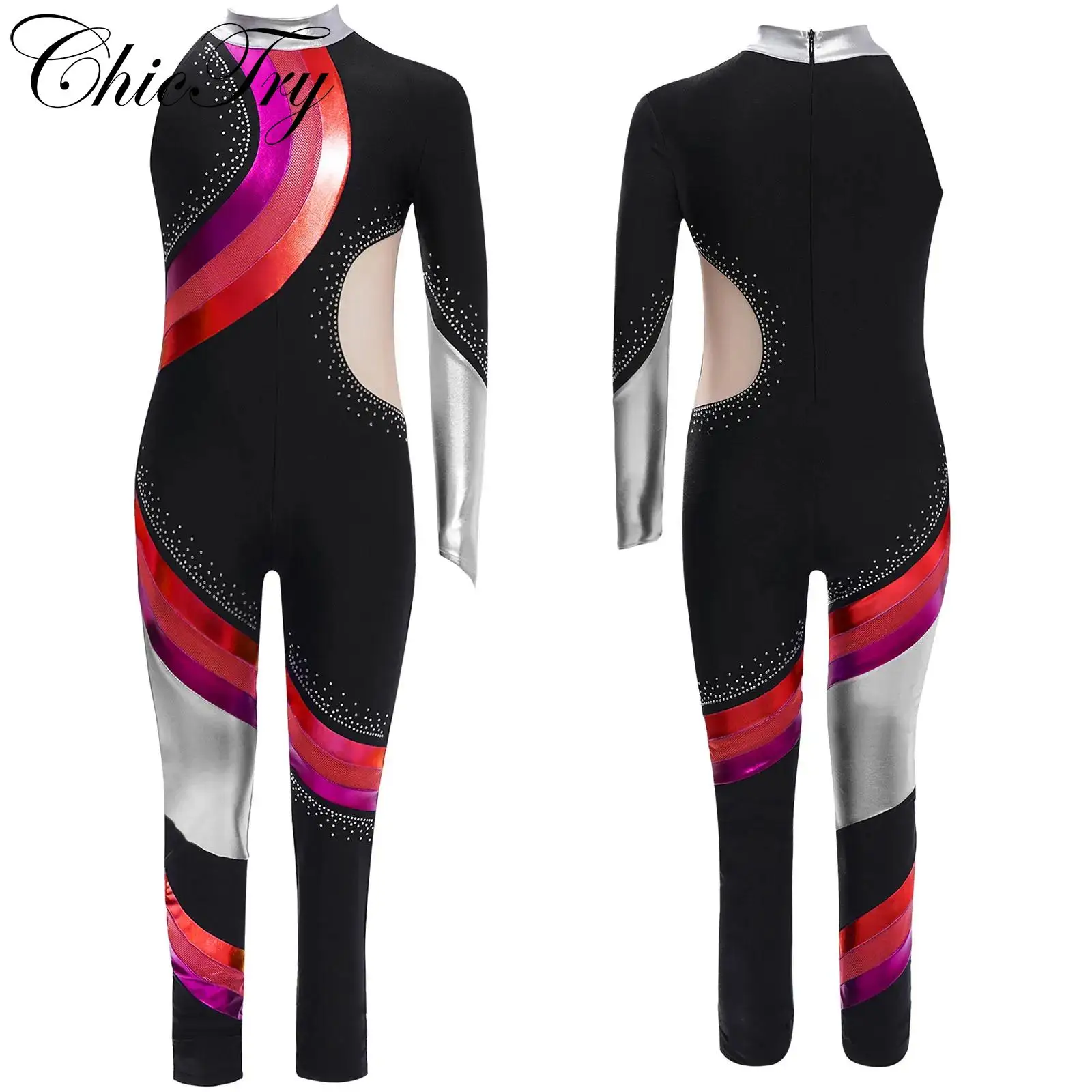 

Kids Girls Ballet Gymnastics Jumpsuit Rhinestones Full Bodysuit Asymmetrical Figure Ice Skating Leotard Yoga Fitness Dancewear