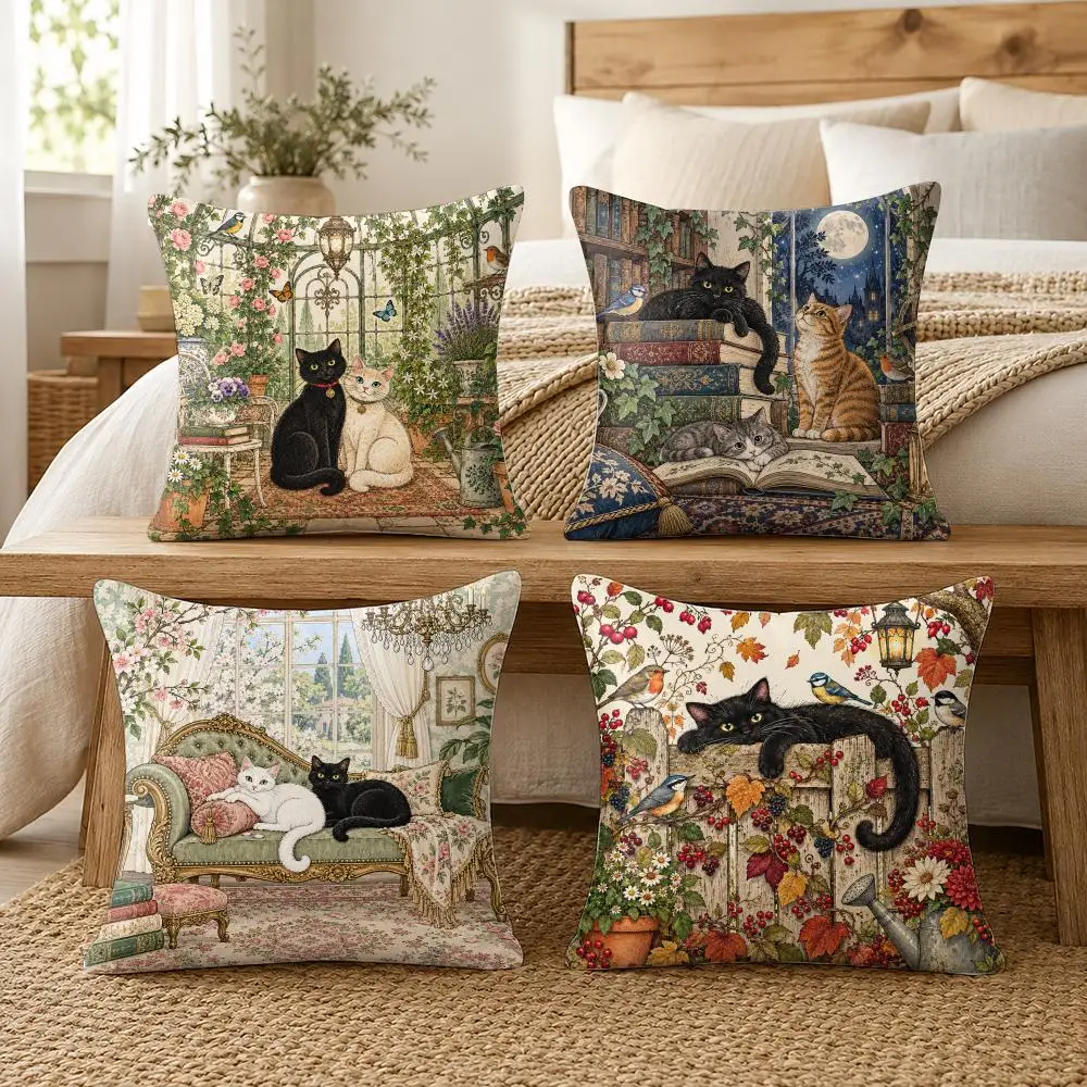 Whimsical Cat Illustrations Cushion Cover Soft Short Plush Pillow Cases Hidden Zipper Cutecore Sofa Bedroom Home Decor Gift