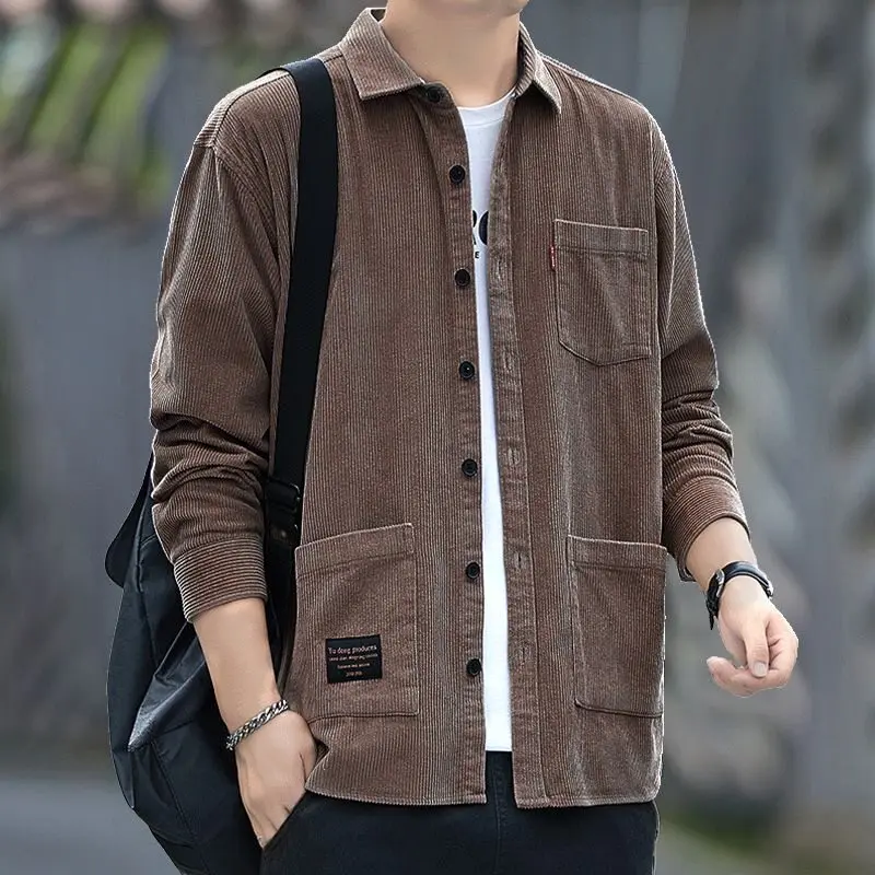 Men's Slim Fit Long Sleeve Corduroy Shirt Casual Wear Multi Pocket Durable Trendy Workwear for Youth Polyester Fiber