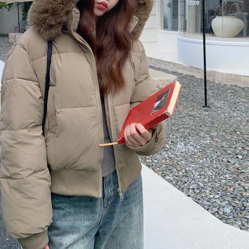 

Hooded Fur Collar Down Cotton Jacket Women's New Thickened Cropped Cotton Jacket Bread Jacket for Winter 2025