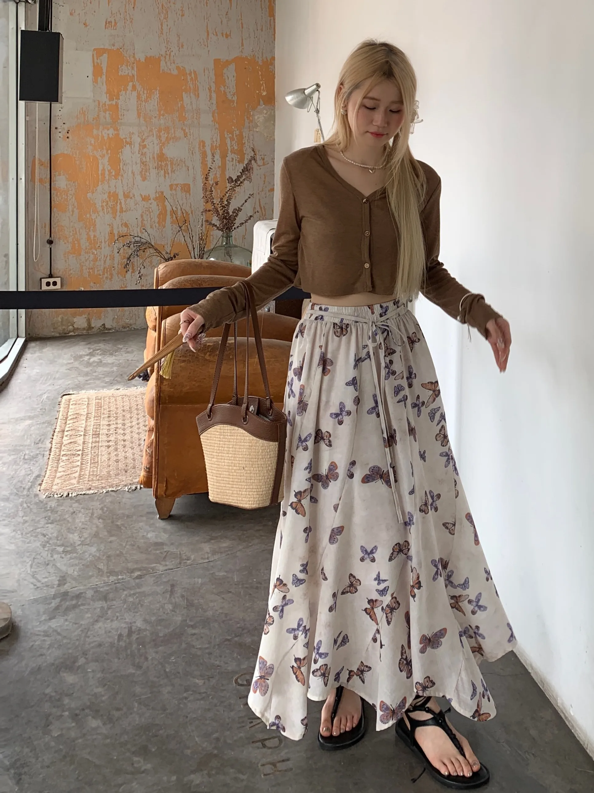 

plus Size Fashionable Asymmetrical Print High Waist A-Line Skirt Concealing Belly Casual Korean Style Long Sleeve