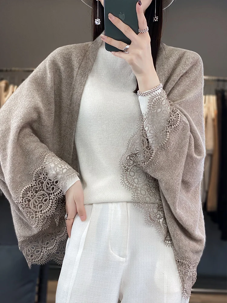 

2024 New Chic Spring Cardigan Women Grace Soft Lace Wraps 100% Merino Wool Knitted Sweater Korean Style Shawls Fanshion Tops