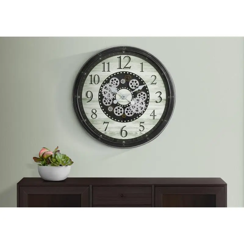 30" Round Oversized Wall Clock, Gear Mechanism, Brown Transitional Design