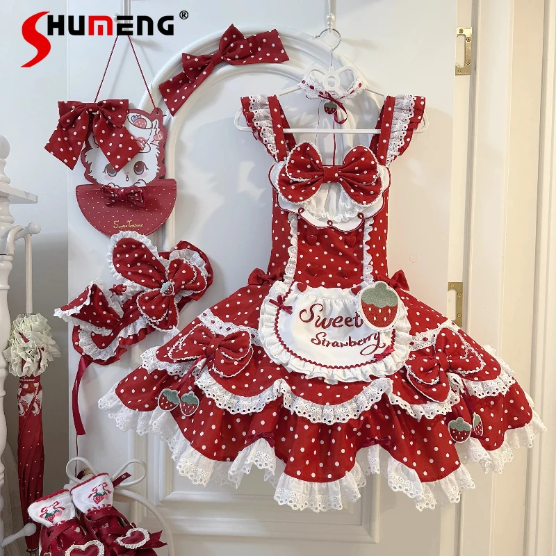 

Sweet Lolita Red Birthday Party Dresses JSK Japanese Girl's Strawberry Polka Dot Print Dress Princess Tea Party Bud Dress Op