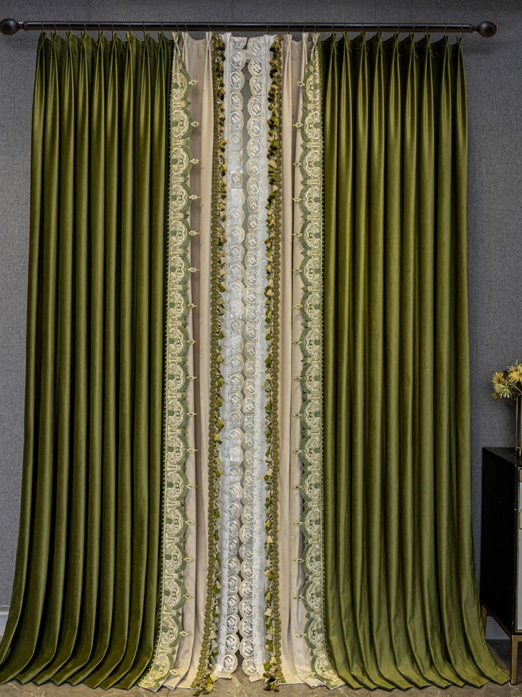 Custom High-grade French court European olive green thickened shading velvet  cloth blackout curtain tulle drape C1836