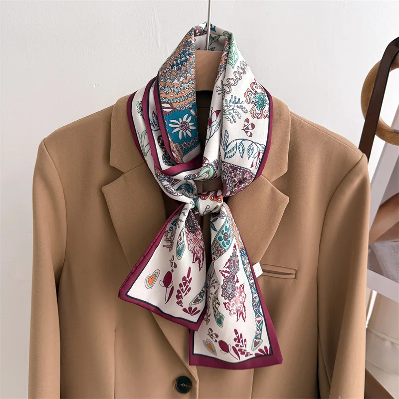 Luxurious double-layered scarf with tassels, tie-on decoration, suit necktie, small strip headband, silk scarf, women's printed