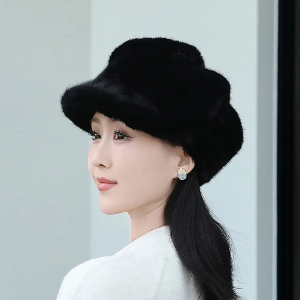 Fashion Protection From Cold Women Beret Solid Color Imitation Mink Thick Warm Hat Light Luxury Female Peaked Cap