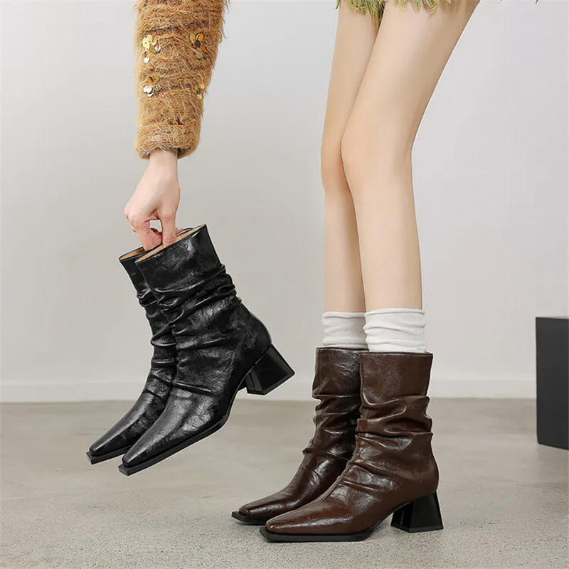 

New Autumn Winter Women Boot Fashion Pleated Square Toe Boots for Women Short Boots Ladies Shoes Western Boots Zapatos Mujer