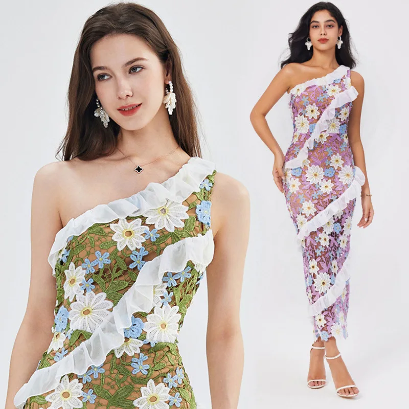 ชุดเดรสยาวทรงเข้ารูปผ้าลูกไม้สองสีแบบ 3 มิติ ผ้าหนา ดีไซน์ไหล่ไม่สมมาตร จับจีบเอวสูง แขนยาว สำหรับฤดูร้อน