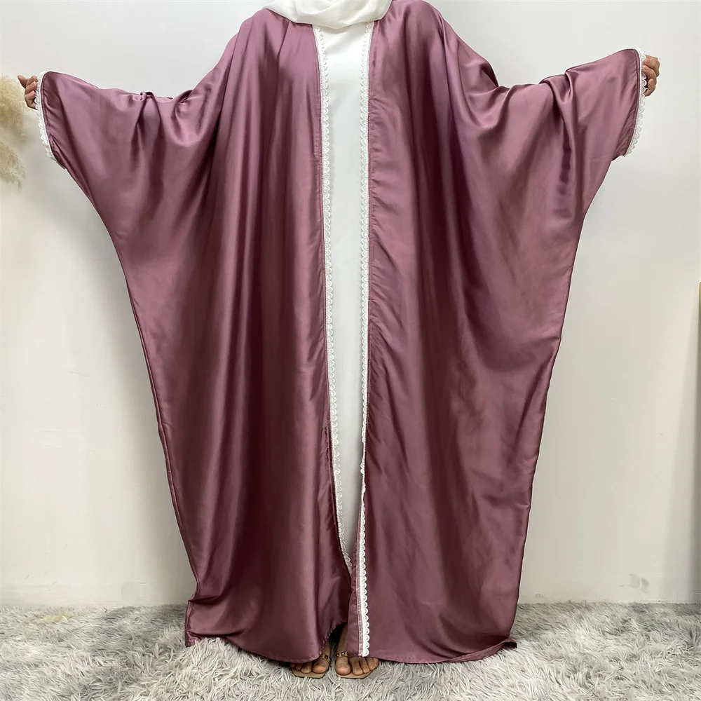 Ramadan Batwing Kimono เปิด Abayas สําหรับผู้หญิงมุสลิมชุดซาติน Kebaya ดูไบเปิด Abaya ชุดกิโมโนเสื้อสเวตเตอร์ถักเสื้อผ้าอิสลาม Kaftan