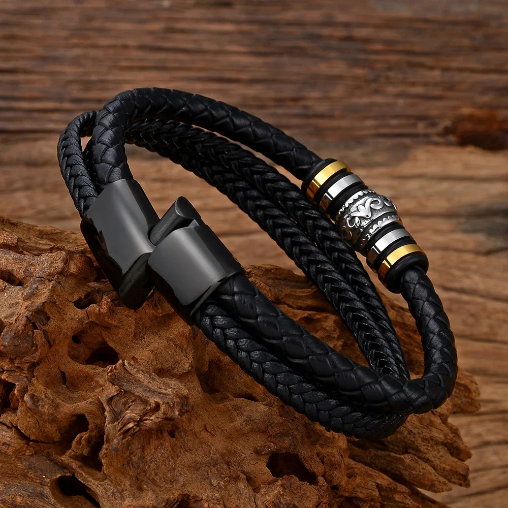 Leather Braided Bracelet Men Boys Multilayer Woven Rope Steel Buckle Bangle Vintage Jewelry Gifts To My Son Love You Forever