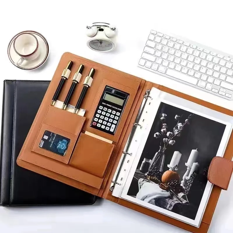 

A4Pu leather briefcase equipped with calculator and pen holder professional version 4-ring briefcase suitable for various places