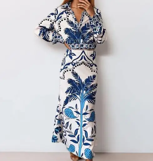 طقم فستان ماكسي نسائي جديد برقبة على شكل حرف V وأكمام طويلة، زي أنيق للحفلات نصف تنورة غير منتظمة