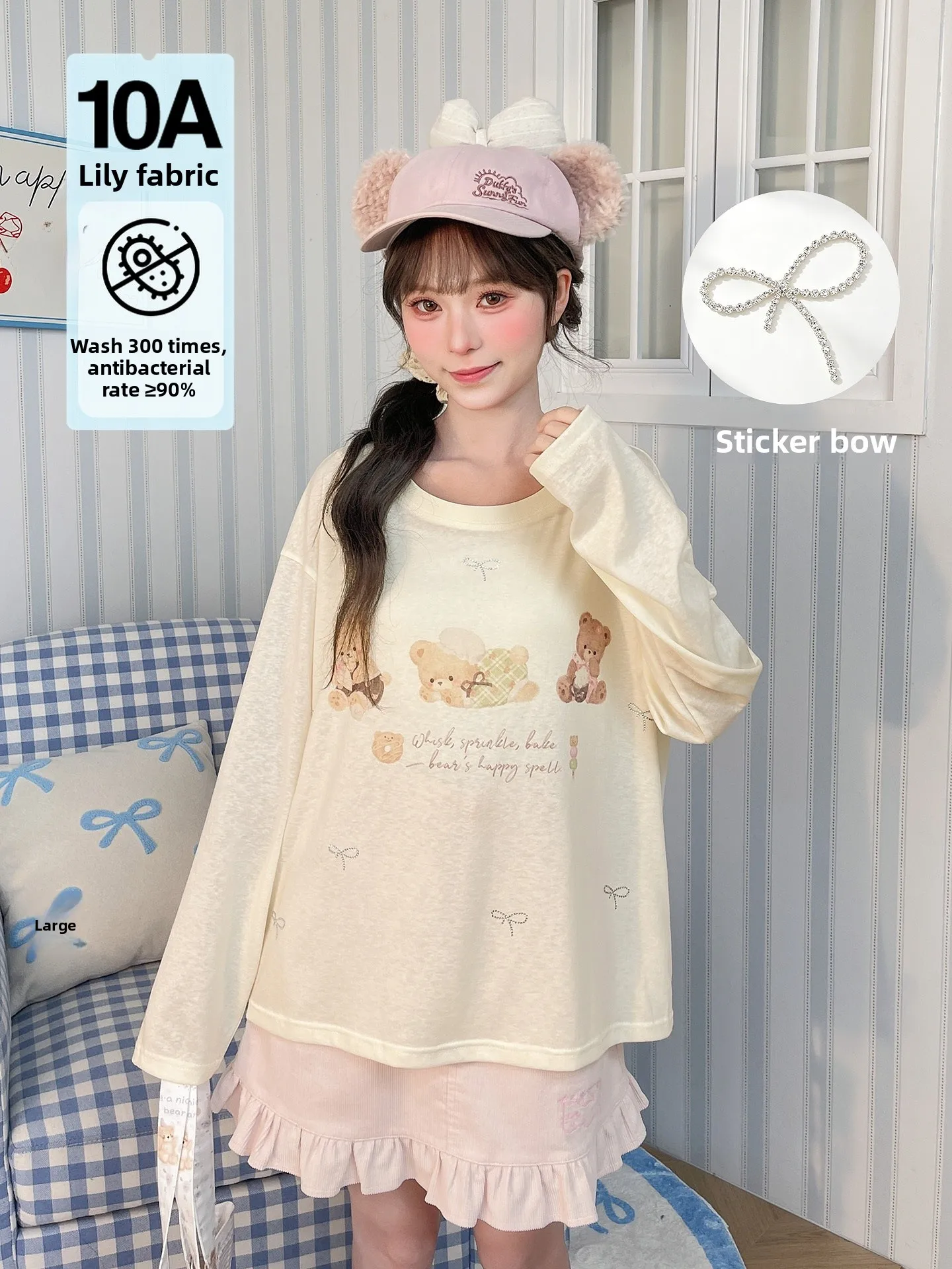 Sweet Style Long Sleeve T-Shirt Women's  Knot Shoulder Drop Early Autumn Thin Base Shirt Creamy Little Bear Print Co...