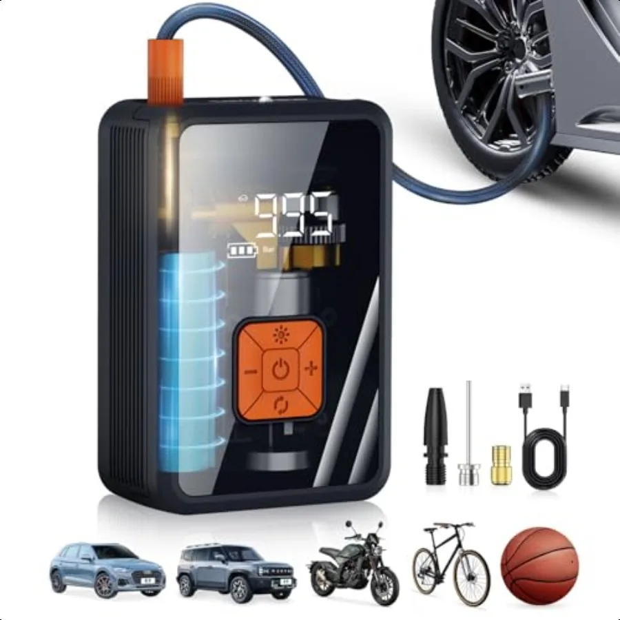 

Tire Iator Portable Air Compror Bike Tire Pump with Gauge 150 PSI Rechargeable Air Pump for Car Tires with LED Light for Bicycl