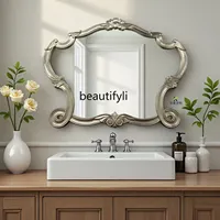 French retro bathroom mirror carved fireplace decorative mirror intelligent wall-mounted makeup mirror with lamp6239