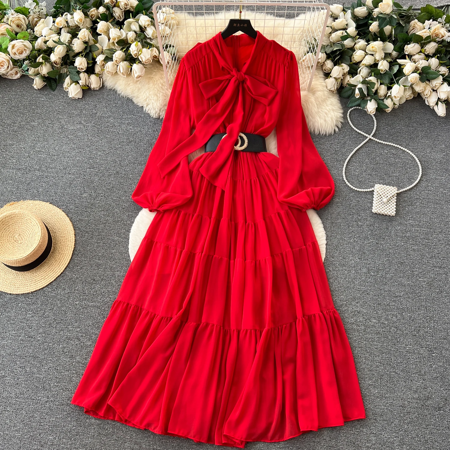 French Vintage Bow Lace Up Lantern Sleeves Long Sleeves Dress Casual Women Fashion Autumn Dress