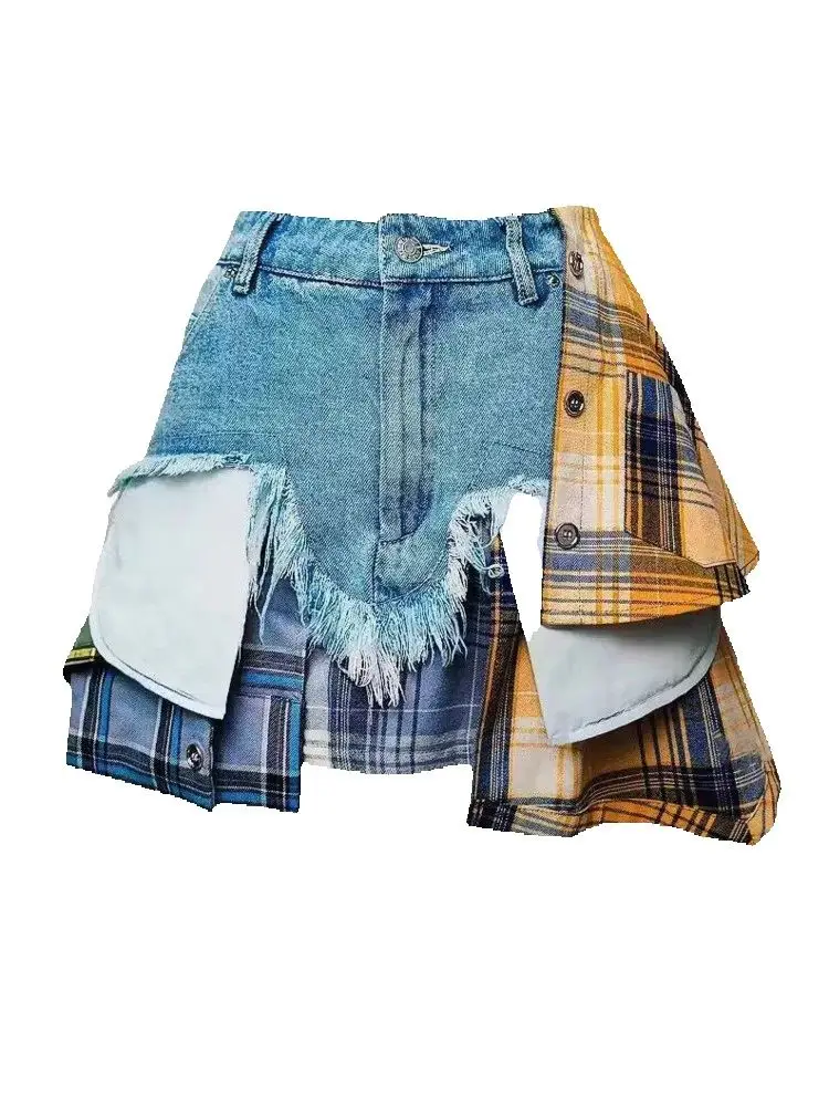 Fashion Women's Denim Skirt Colored Plaid Patchwork Irregular Deconstructed A-line High Waist Mini Skirts Summer 2024 New