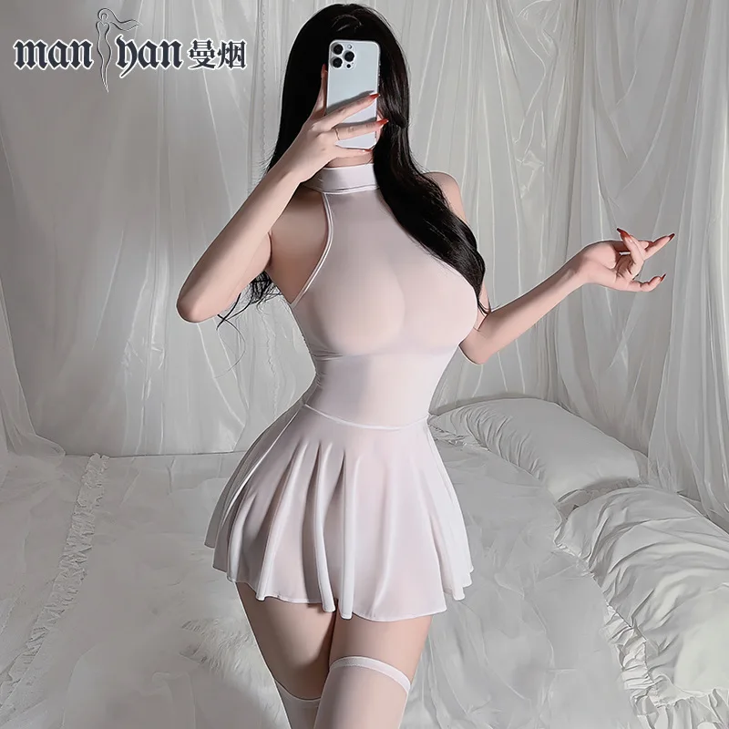 Womens Sexy Lingerie High Fork Cheongsam Pajamas Erotic High Slit Mini Dress Temptation Mini Qi Pao Sleepwear Open Chest Uniform