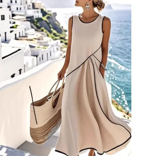 Ärmelloses langes Maxikleid aus Leinen für Damen mit Kontrastbesatz und Taschen, locker geschnitten, plissiert, Sommer-Strand-Urlaubskleid