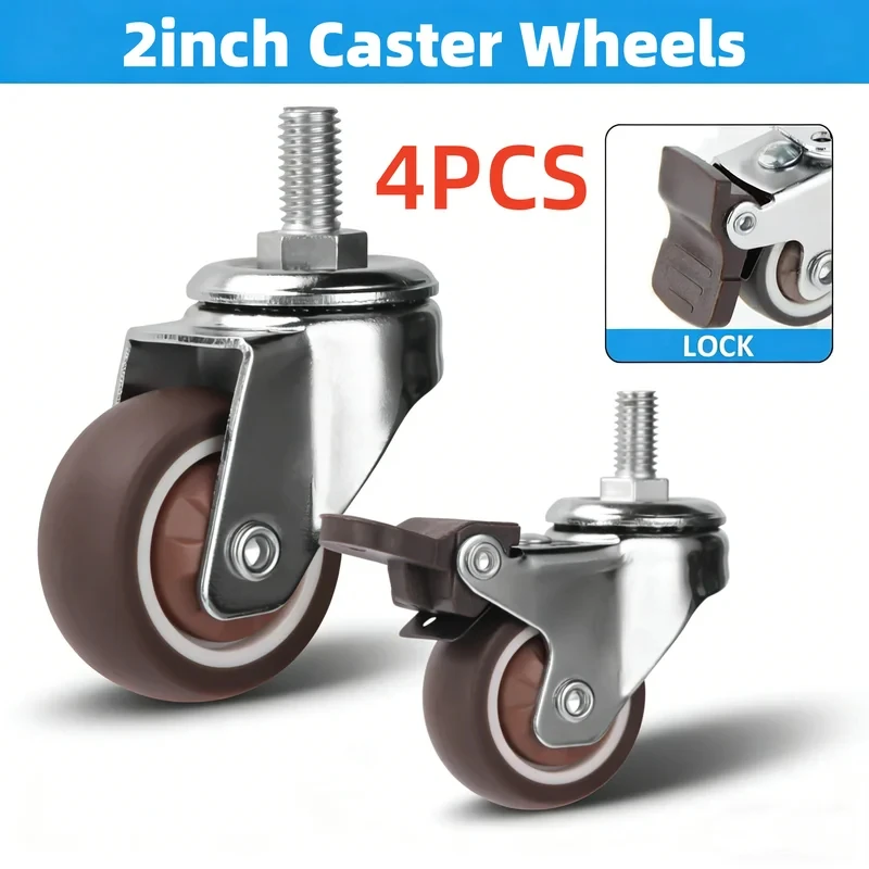 4Pcs 2 Inch Stem Caster Wheels Screw Lever Universal Castors TPR Swivel Stem Wheels with M10 Thread Rod Carts Furniture