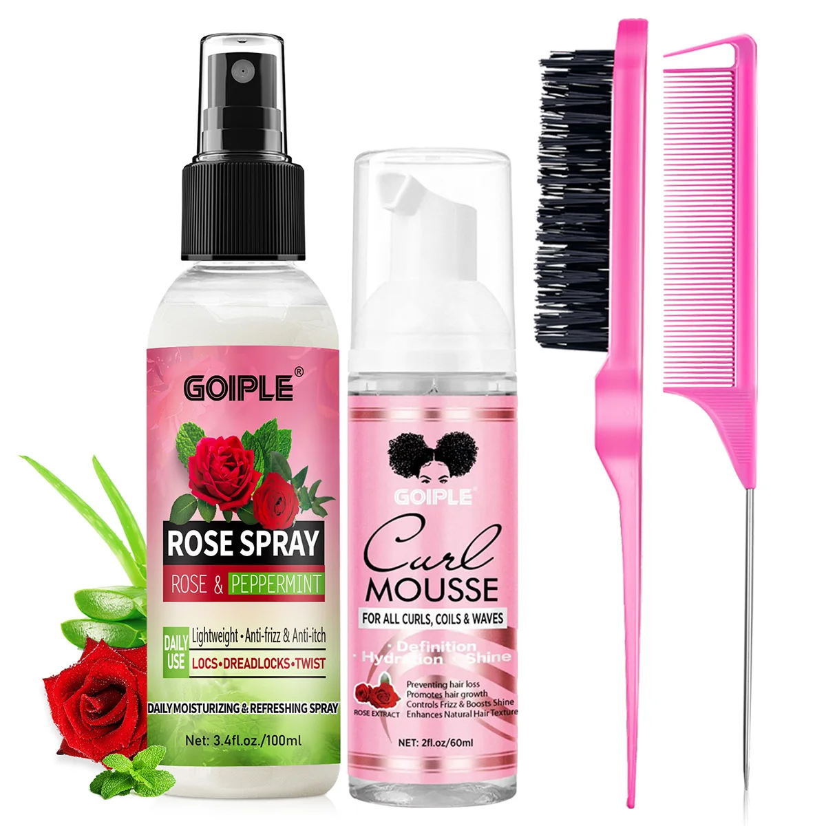 Regalo de San Valentín para Novia/Esposa: Set de Mousse y Spray para el Cabello con Aroma a Rosa y Menta que Brinda Hidratación y Fijación para Trenzas, Ondas y Rizos