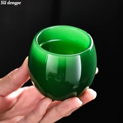 Emperor Green Jade Porcelain Cup Merit Cup Glass Retro Cha Wan Dark Green Master Cup for Tea High Quality Chinese Cup