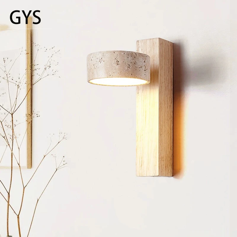 Cream Style Bedroom Bedside Wall Lamp With Pull Switch Wire Rotatable Led Light Stone Homestay Log Wood Walnut Soft Down Lights