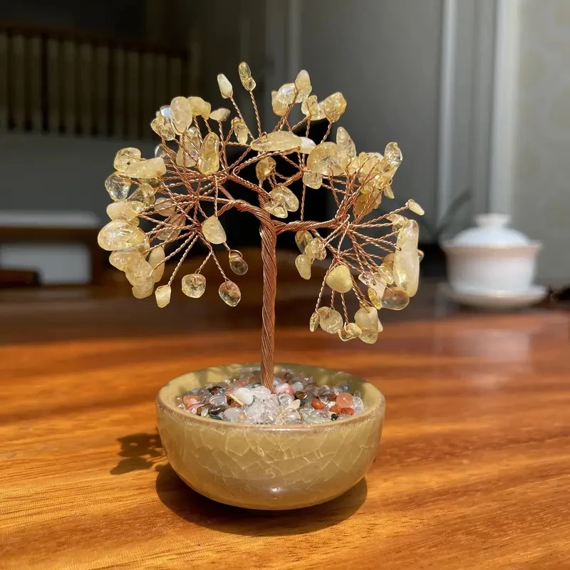 

Prosperity Tree with Natural Yellow Crystal & Agate Stones - Fashionable Home Decor Accent, Perfect Gift Idea