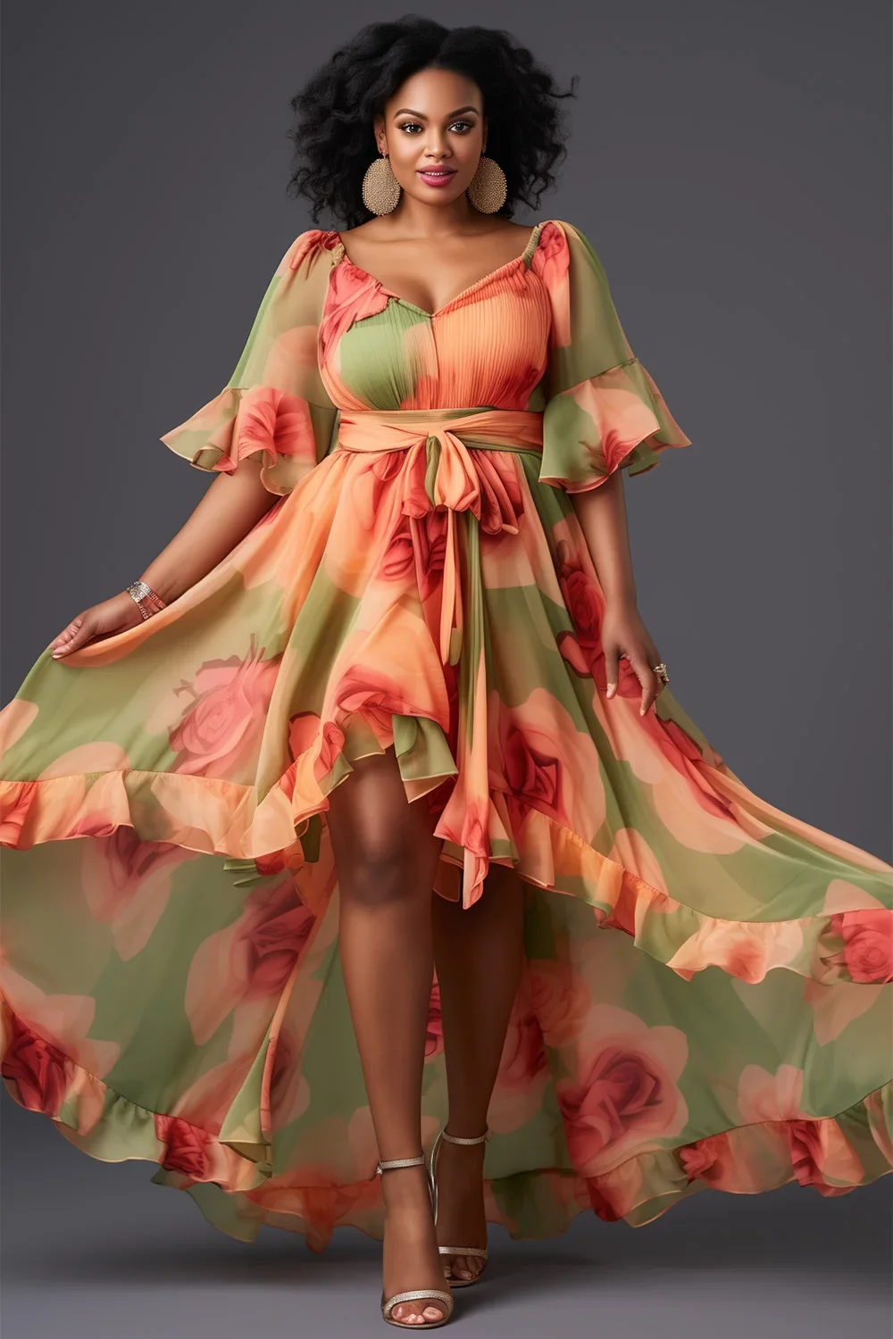 

Women Plus Size Wedding Guest Multicolor Floral V Neck Flare Half Sleeve Asymmetric Hem Chiffon Midi Dresses Party Dress 2024