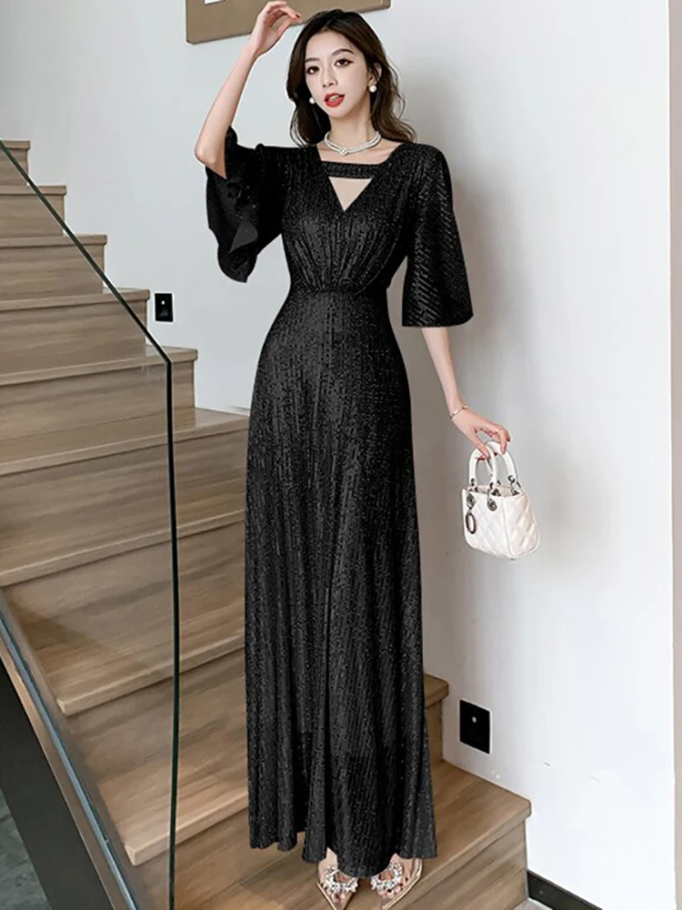 

2024 Black Sequins Luxury Maxi Dress Women Korean Elegant Chic International Dress Spring Summer Fashion Bodycon Party Vestidos