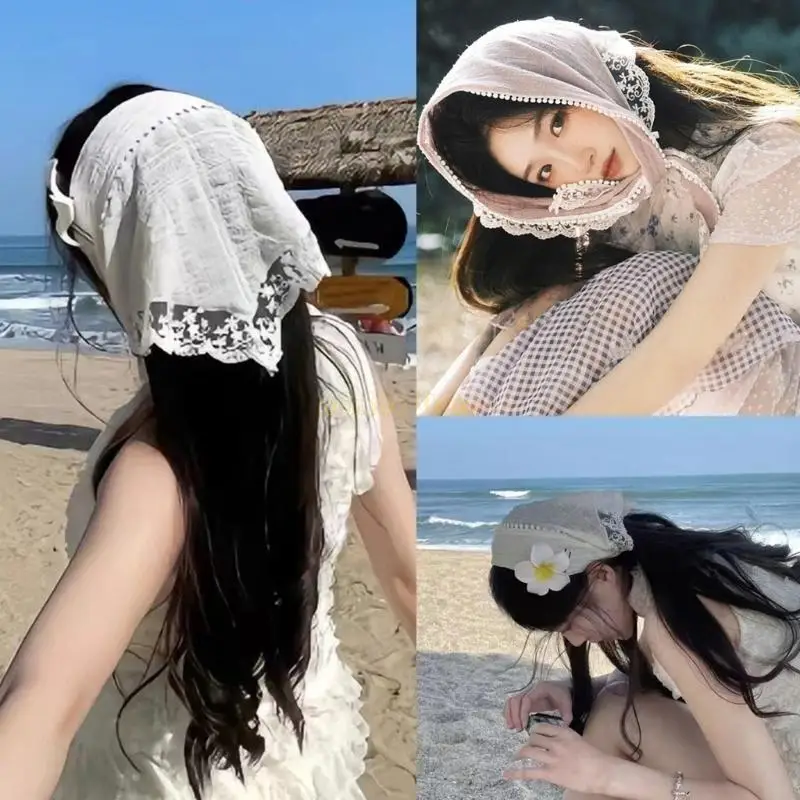 

31BF Breathable Hairband with Sheer Lace Trim Camping Photography Girl Kerchief