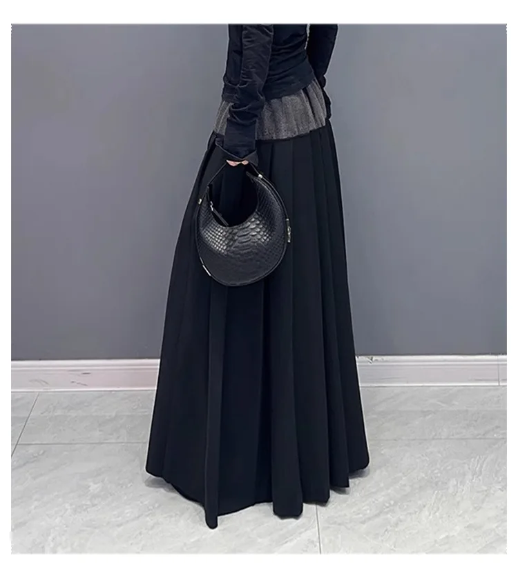 Y2k Pleated Skirt Women Long Skirts Denim Patchwork High Waist Washed Distressed Vintage Floor Length 2025 Streetwear A Line