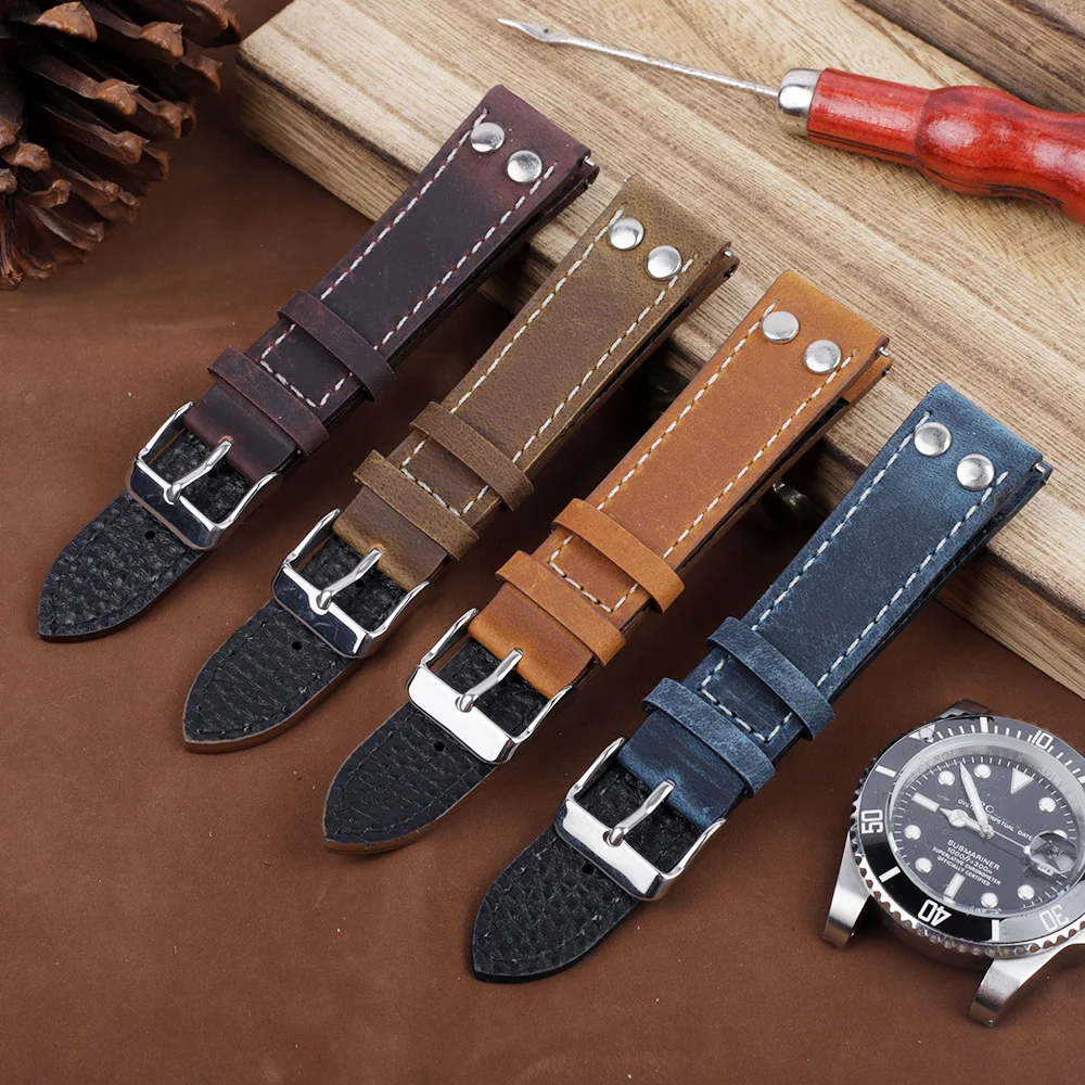 18mm 20mm 22mm Quick Release Genuine Leather Watch Band Vintage Crazy Horse Leather Bracelet Rivets Watch Strap Replacement