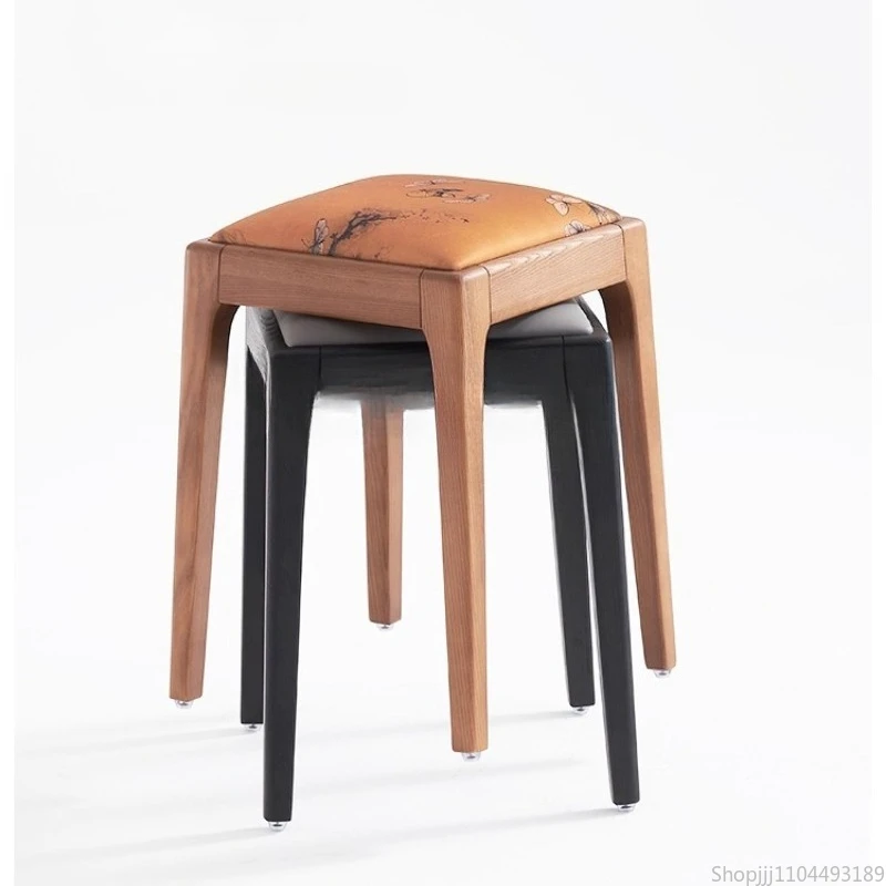 

Stackable Solid Wood Stool Mid-Century Round Pouf & Upholstered Vanity Bench for Home Living Room Designer Style Furniture